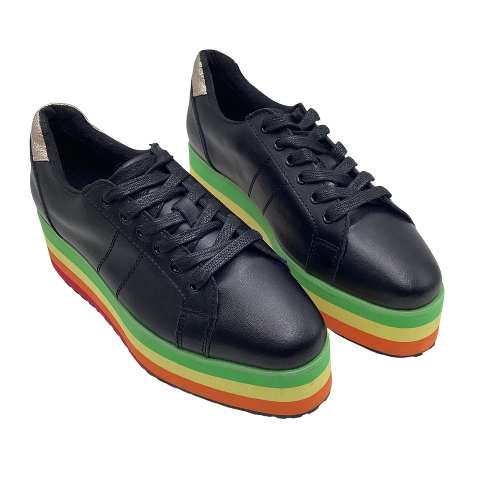 Very Volatile Black Leather Rainbow Platform Sneakers Gold Heel Accent Size 7.5